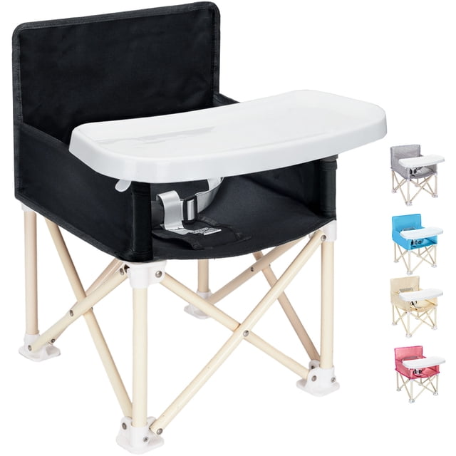 periquera para bebe portatil plegable silla comer ajustable Negro SELECTSHOP, vista frontal 3/4 de periquera tipo camping con estructura tubular cruzada beige, asiento y respaldo negro de tela, cinturón de seguridad de tres puntos, charola blanca desmontable y bolsillo trasero; se muestra plegable y en variantes de color; apta para usar sobre el piso o sobre una silla convencional.