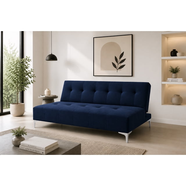 sofa cama reclinable el bazar store vegas lino azul marino moderno abotonado Vista frontal 3/4 de sofá cama reclinable tapizado en lino azul marino con acabado abotonado en respaldo y asiento, silueta rectangular convertible, patas metálicas plateadas visibles; medidas 75 cm alto x 170 cm largo x 80 cm profundidad; adecuado para sala o cuarto de estudio y como cama para visitas.