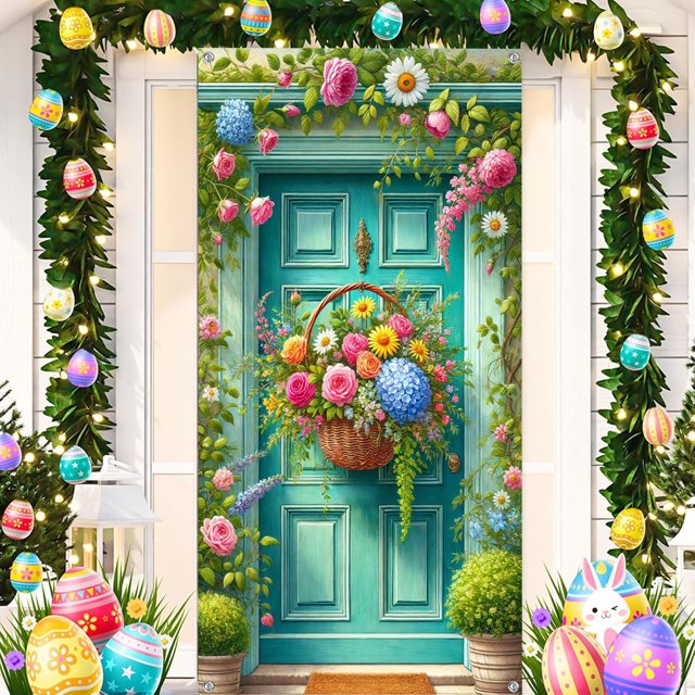 decoraciones de pascua, adornos de pascua, regalos de pascua fondo de pascua tela poliéster ancho Tela poliéster multicolor 90x180 cm, vista frontal de puerta turquesa impresa con cesta floral colgante, motivos de huevos y conejos y guirnalda verde; apta para colgar en puertas, paredes o entradas y usada frecuentemente como telón para sesiones fotográficas de Pascua.