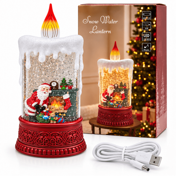 Veladora de Agua Navideña Santa Claus con Luz LED, Música y Nieve Giratoria, Decoración de Mesa