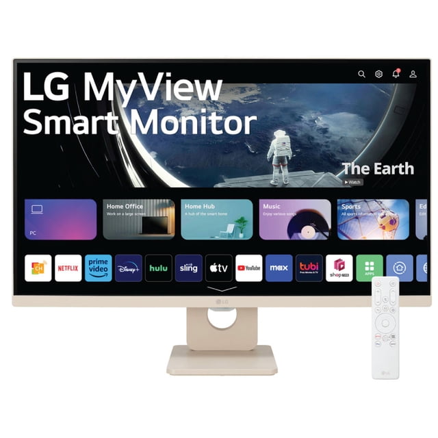 monitor smart lg 27 pulgadas 27u511sa-w panel ips fhd webos monitor LG de 27 pulgadas en blanco, vista frontal centrada mostrando webOS 23 con filas de apps de streaming; pantalla IPS Full HD, base rectangular con soporte central y control remoto blanco a la derecha; diseño delgado que ahorra espacio, multiconectividad con puertos HDMI y USB, Home Office ready y ThinQ; también suele usarse como segunda pantalla para estaciones de trabajo compactas.