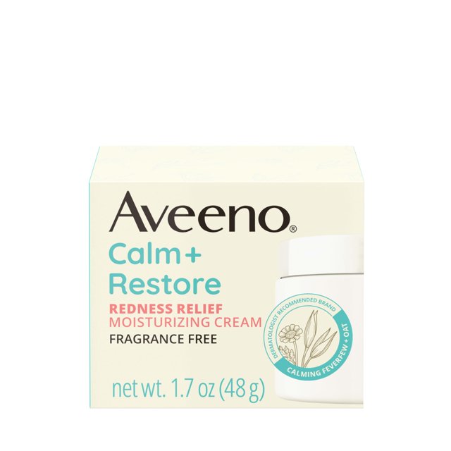 aveeno calm + restore redness relief moisturizing cream 1.7 oz caja frontal con logotipo Aveeno y frasco blanco; crema hidratante facial para alivio de enrojecimiento, sin fragancia y hipoalergénica, contenido neto 1.7 oz (48 g), sello con ilustración de avena y matricaria.