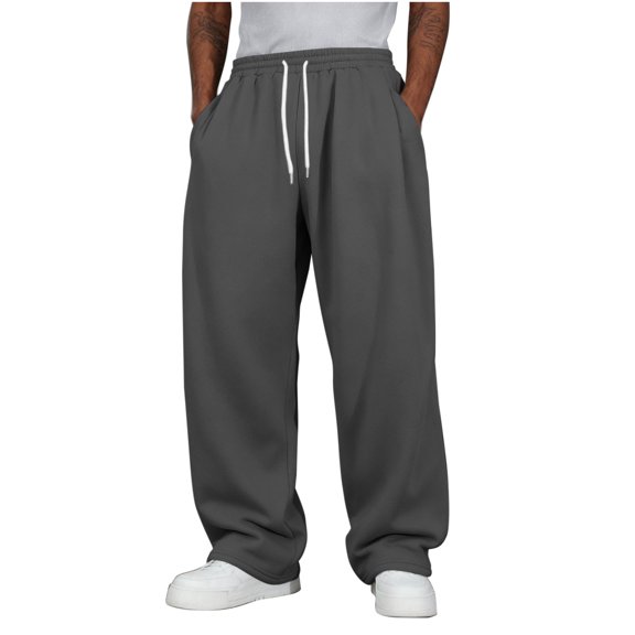 Amzcrzy Pantalones Deportivos Hombre Clásicos Color Liso Cintura Alta Elástica Cordón Pierna Recta Holgados Anchos Cómodos Con Bolsillos Tallas S-2XL Gris