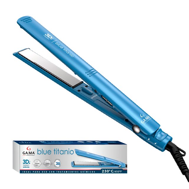 plancha alaciadora cabello luz led elegance titanio gama gama elegance titanio negro con placas largas de titanio ion 25x120 mm, vista 3/4 frontal; cuerpo slim con controles para 150–230°C, cable profesional giratorio 360° de 3 m, incluye caja y bolso térmico visible; también adecuada para crear rulos definidos por secciones.