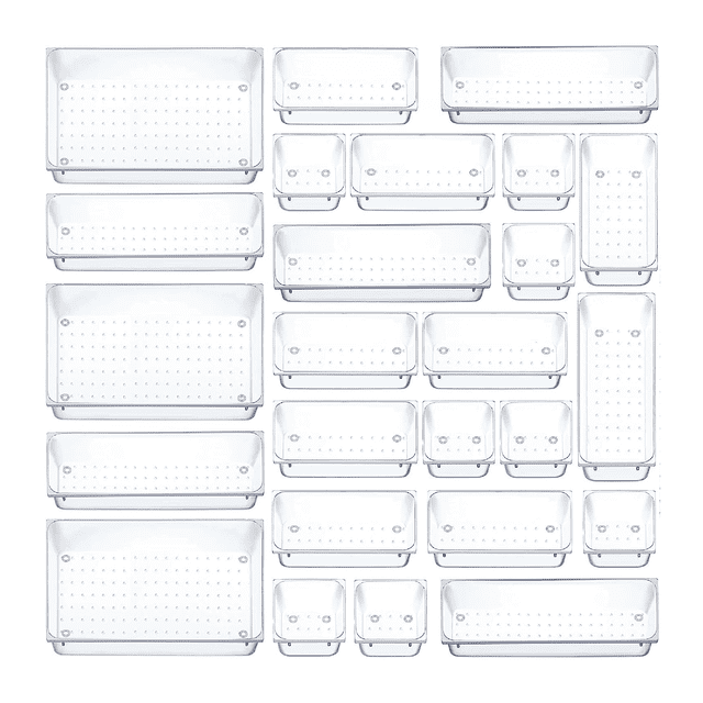 contenedores organizadores de plástico transparente styrka kit de 25 piezas — disposición frontal de 25 contenedores apilables en cuatro tamaños (8 de 7.5 x 7.5 x 5 cm; 6 de 23 x 7.5 x 5 cm; 8 de 15 x 7.5 x 5 cm; 3 de 23 x 15 x 5 cm), base con almohadillas de silicona y puntos de apoyo para apilar, asas ergonómicas; aptos para organizar cajones, repisas y escritorios.