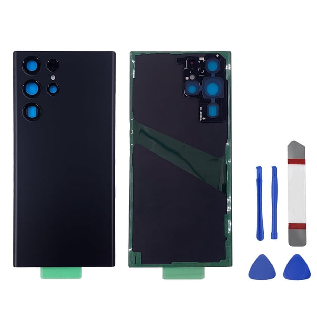 reemplazo de cristal trasero para samsung galaxy s22 ultra black panel trasero negro mostrado frontal y posterior, silueta rectangular con recortes para cuatro lentes y módulo de cámara; incluye piezas para lentes con protectores azules, cintas preinstaladas y herramientas de palanca y espátula para apertura e instalación; adecuado como repuesto trasero para reparación de carcasa.