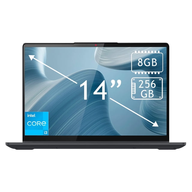 laptop lenovo flex 14' touch core i3 8gb 256gb gris l4us frontal, pantalla táctil 14" FHD 1920x1200 con bordes delgados y sello Intel Core i3 visible; carcasa gris y bisagra 360° que permite modos tablet y laptop; iconos en pantalla indican 8GB RAM y 256GB SSD. A menudo se usa como estación portátil para trabajo y multimedia.