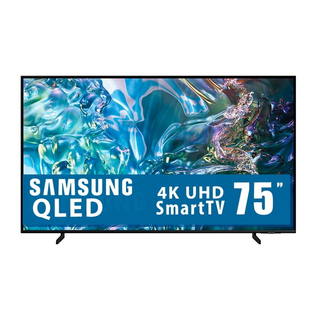 tv samsung 75 pulgadas 4k ultra hd smart tv qled qn75q60dafxzx frontal con bisel negro delgado y patas de soporte; pantalla 75" muestra imagen colorida que refleja 100% de volumen de color con Quantum Dot y banner con "4K UHD SmartTV"; diseño AirSlim y sistema Samsung Tizen visible, ideal para series y películas y a menudo usado también como pantalla para presentaciones domésticas.