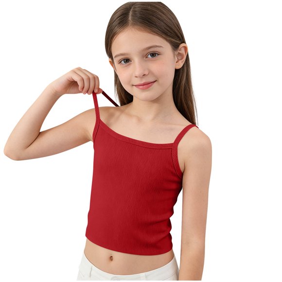 Top Tipo Tanque para Niñas Grandes - Tops Cortos de Punto Acanalado para Niña, Camisetas Interiores, Camisola Casual de Verano con Tirantes Finos sin Mangas, Cami, Tanques Rojo 11-12 Años