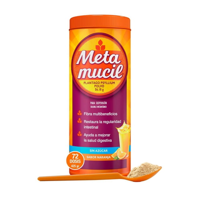 fibra natural metamucil sabor naranja tarro de 425 g 72 dosis Tarro cilíndrico frontal con etiqueta naranja y magenta y tapa naranja; se muestra la marca Metamucil y el rótulo con 72 dosis (425 g). En primer plano una cuchara naranja con polvo beige y en la etiqueta gráfico de vaso con bebida naranja. Producto de fibra soluble para mejora digestiva y alivio del estreñimiento, sin azúcar, según especificaciones.