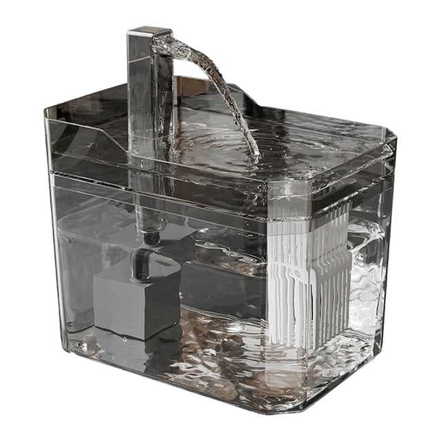 fuente de agua smart cat - dispensador de agua para mascotas de gran capacidad de 1500 ml con bomba silenciosa y acceso a beber 360° para gatos y perros pequeños Fuente RINYA transparente, vista frontal 3/4 con chorro elevado; depósito rectangular claro que muestra la capacidad de 1,500 ml, bomba silenciosa y filtro blanco desmontable visibles, tapa con salida de flujo continuo para acceso a 360° y piezas totalmente desmontables para limpieza. También suele usarse como bebedero portátil para viajes cortos.