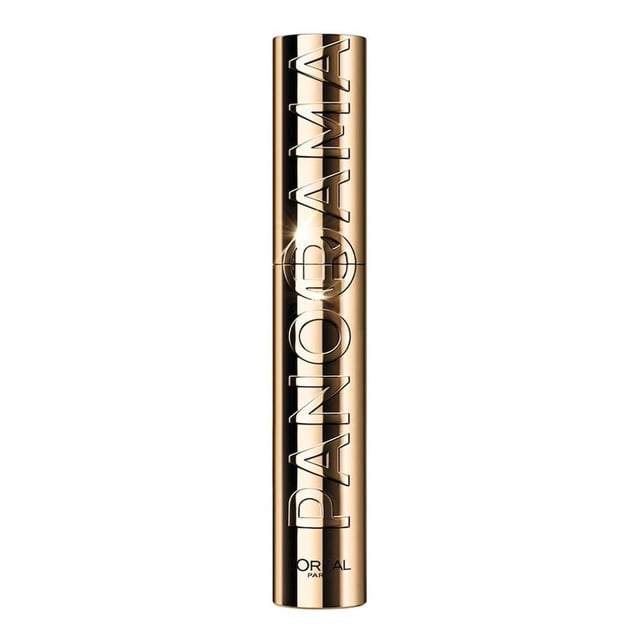 máscara de pestañas loreal voluminous panorama a prueba de agua 701 blackest black 9.9 ml en tubo dorado vertical con PANORAMA en relieve, acabado metálico brillante y tapa integrada sobre fondo blanco. A menudo usada para viajes por su tamaño compacto.