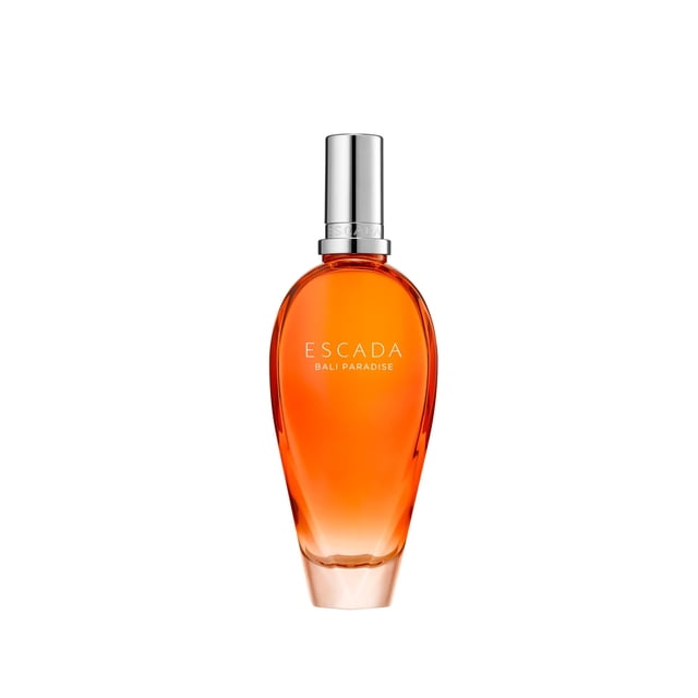 perfume escada bali paradise eau de toilette para mujer, 100 ml Frasco de vidrio multicolor naranja degradado, alargado con base facetada; tapa plateada y texto 'ESCADA BALI PARADISE' en el frente; fragancia floral con notas de salida frutal, nota de corazón 'Acuerdo de Aves del Paraí' y fondo de sándalo, sobre fondo blanco. Su tamaño de 100 ml lo hace adecuado para uso diario o viaje corto.