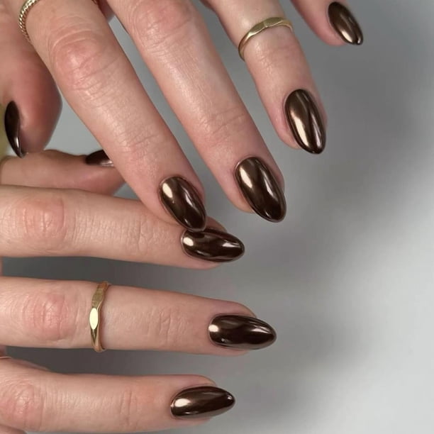 Uñas Postizas SXVME Marrón Oscuro Cromadas Holográficas Brillantes Diseño Espejo Cortas Ovaladas y R