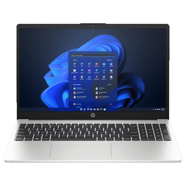 laptop hp 255 g10 amd ryzen 5 8gb ram 512gb ssd Laptop HP 255 G10 plateada, vista frontal centrada con pantalla FHD de 15.6" mostrando Windows, teclado completo con teclado numérico y panel táctil, chasis delgado y ligero, cámara HD 720p en el marco superior y logo HP en la bisagra; adecuada para trabajo híbrido y videoconferencias.