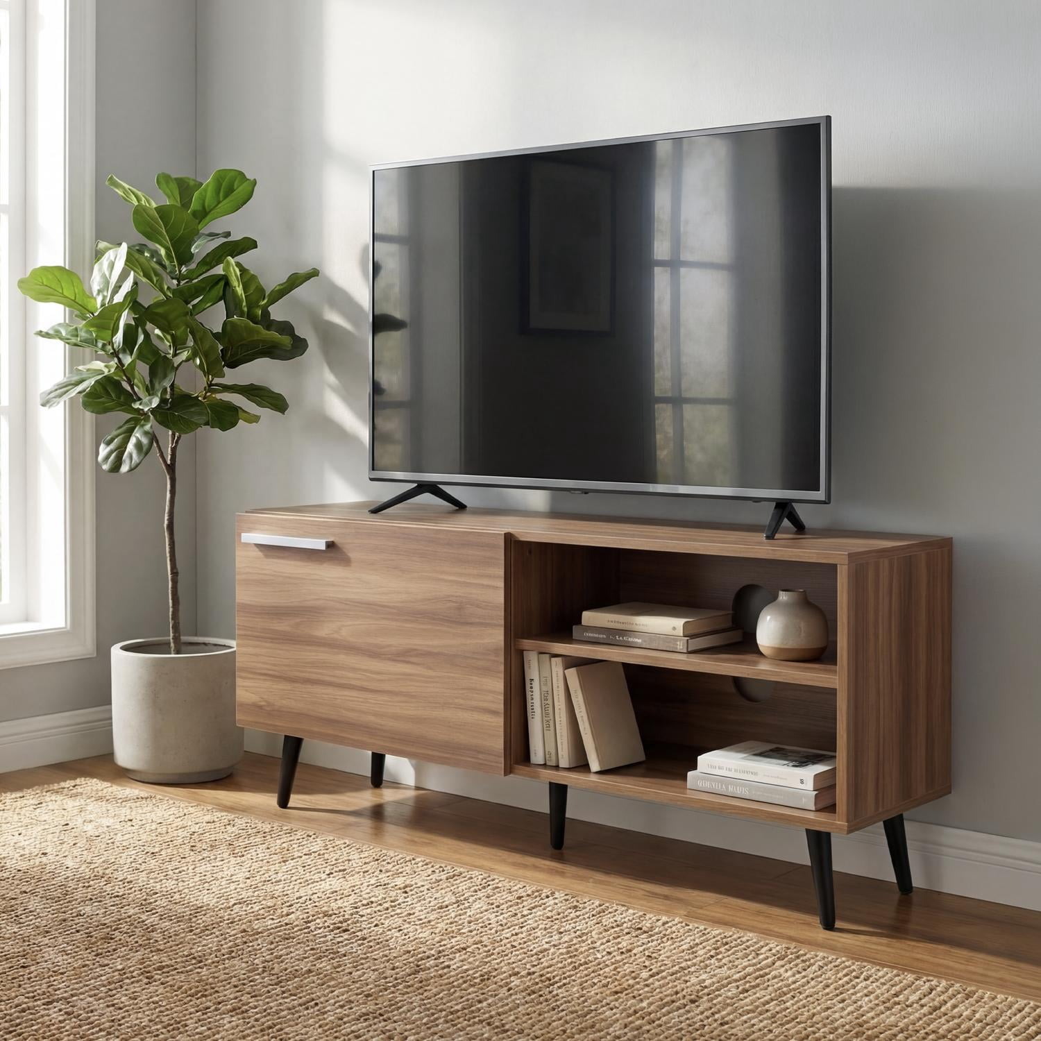 Mueble para TV 55” Color Madera Estilo Escandinavo, Consola Moderna Sala o Recámara Hogar cafe