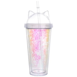 BRIGHTFUFU 1 taza de 420 ml con lentejuelas de doble capa, forma de oreja de gato, taza de agua de doble pared, taza de paja de plástico (rosa)