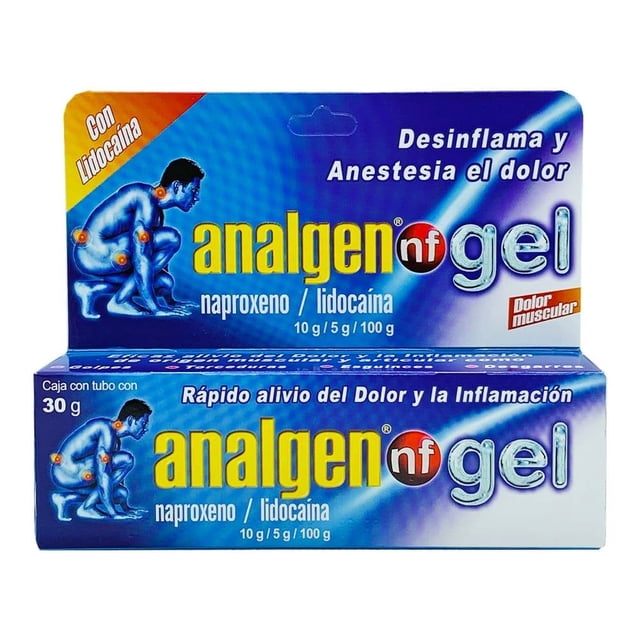 gel analgen nf naproxeno 10 g, lidocaína 5 g tubo 30 g caja y tubo frontales con marca Analgen, fondo azul degradado, texto 'naproxeno / lidocaína' y 'Desinflama y Anestesia el dolor', ilustración de figura humana con puntos rojos marcando zonas de dolor; indicado para alivio de cólicos y dolor premenstrual; suele usarse también para alivio localizado de dolor muscular.