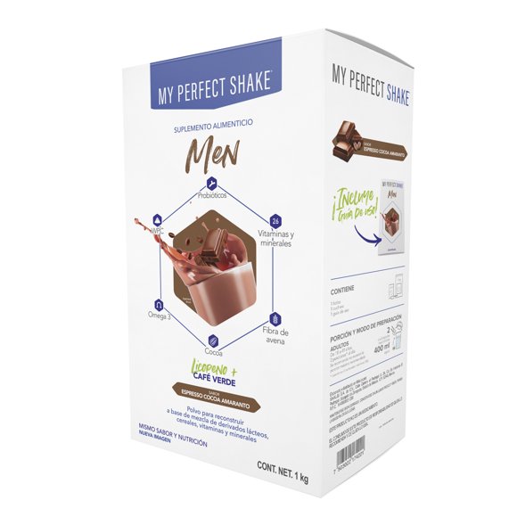 MY PERFECT SHAKE - MEN® - Con 48 nutrientes + Café verde, licopeno, probióticos, omega 3, fibra, proteína y mucho más - Sabor Espresso Cocoa - 1 Kg MY PERFECT SHAKE MEN
