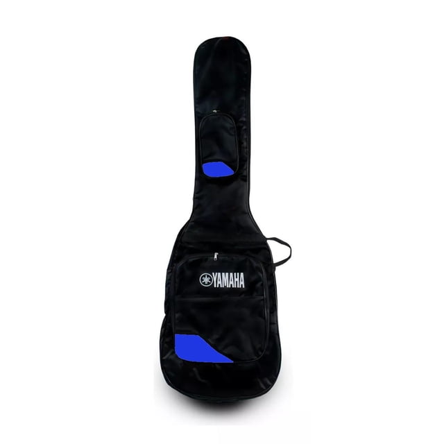 funda para guitarra electrica asa reforzada impermeable azul Funda frontal acolchada color azul con doble asa reforzada y cierre exterior; bolsillos exteriores visibles para accesorios y acabado de material impermeable, silueta centrada. También adecuada para guardar partituras o accesorios pequeños durante el transporte.