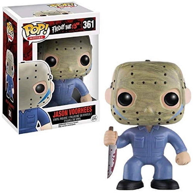 funko pop! jason vorhees #361 azul Figura coleccionable Funko POP de Jason Voorhees con mono azul y máscara de hockey desgastada en vista 3/4 frontal, sostiene un cuchillo con manchas rojas; caja del producto visible al fondo; también adecuada para vitrinas de colección.
