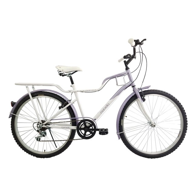 bicicleta black panther marsella r26 6v c/parr morado bicicleta urbana rodada 26 con cuadro de acero, 6 velocidades y salpicaderas de acero con reflejante; vista lateral derecha mostrando asiento amplio con resortes, cubrecadena de acero con diseño, portabultos de acero, pedales de resina reforzados, rines de aluminio y descanso lateral; ideal para alturas 1.53–1.66 m, también apta para transporte ligero urbano.