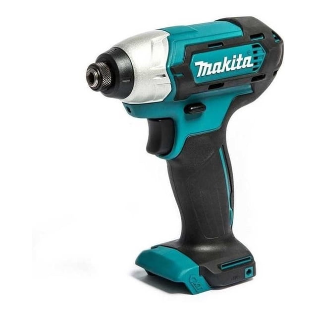 atornillador de impacto inalámbrico dtd154rfe / rte / z negro Nuevo Makita, vista 3/4 frontal de cuerpo ultracompacto (117 mm) con carcasa negra y turquesa y logo Makita, portabrocas hexagonal, gatillo y base para batería; Modo T con control electrónico que reduce velocidad antes de sujetar tornillos. A menudo se usa para montaje rápido en carpintería leve.