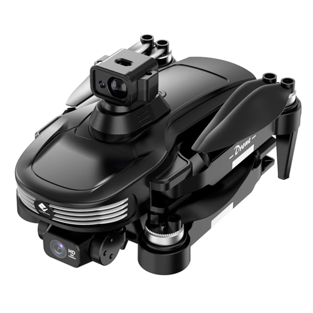 drone vak f3pro 5g gps láser 2 camaras 4k negro plegado, vista 3/4 frontal: dron compacto con doble cámara 4K (gimbal inferior y cámara superior), carcasa negra mate, hélices plegadas, sensores láser frontales y patas integradas; con trazado de ruta por GPS y conectividad 5G, a menudo usado para vlogs y filmaciones.