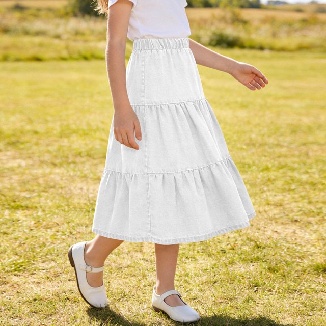 Falda midi vaquera escalonada para niñas, cintura alta elástica, corte en A, falda larga informal, suave, transpirable, con volantes, color negro, tallas de 4-5 a 14-15 años.