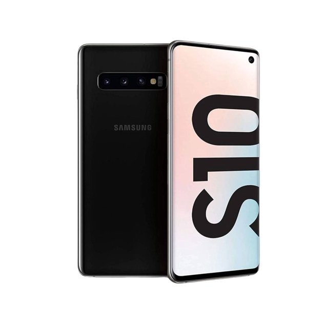 celular samsung galaxy s10+ 128 gb reacondicionado Reacondicionado smartphone negro Samsung, vista 3/4 frontal y reverso; pantalla curva derecha con perforación de cámara frontal superior derecha y diseño 'S10' en pantalla, parte trasera con triple cámara horizontal y logo Samsung. Adecuado como teléfono desbloqueado de 128 GB, a menudo usado como dispositivo secundario para pruebas de apps.