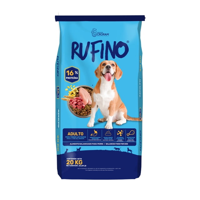 alimento rufino 20kg para perro adulto todas las razas Bolsa azul frontal con logo RUFINO, perro adulto sentado, pictograma '16% proteína', texto 'Adulto para todas las razas' y contenido neto 20 kg; alimento balanceado para perros visible en el empaque.