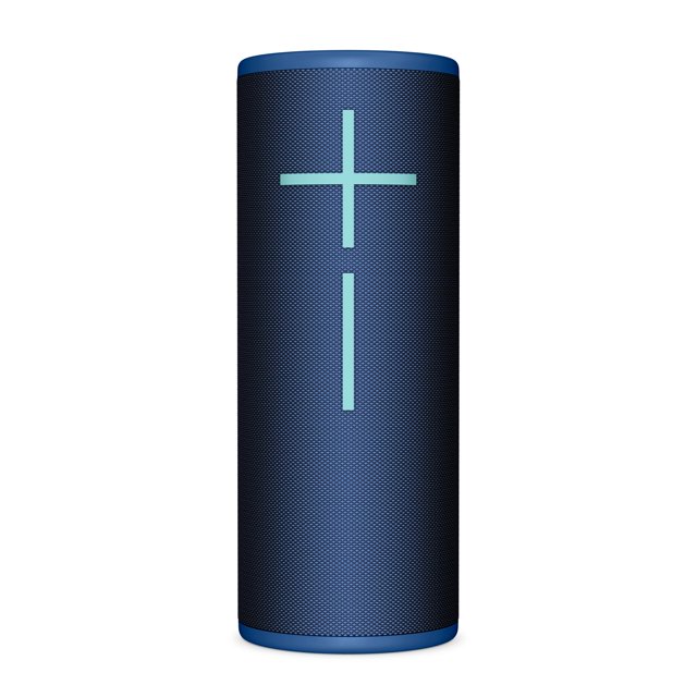altavoz bluetooth portátil impermeable ultimate ears megaboom 4 en azul, vista frontal centrada de cilindro vertical con rejilla texturizada y grandes botones de volumen en forma de cruz en contraste, tapa superior e inferior lisas; resistente al agua IP67, alcance de 45 m y hasta 20 horas de batería, ideal para fiestas al aire libre o uso junto a la piscina.