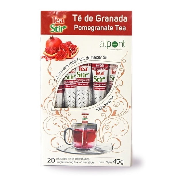 alpont tea stir té de granada, 45 g / 20 sobres infusores caja frontal con ventana que muestra 20 sticks individuales; ilustración de granada partida, logotipo Alpont, texto en español e inglés y foto de taza con infusión roja en la parte inferior, adecuada para servir té en bolsitas individuales.