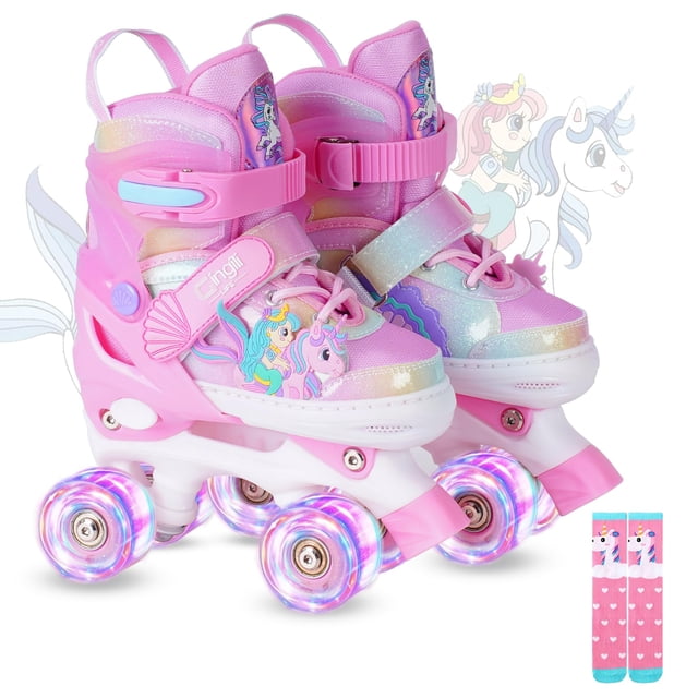 patines gingili life ajustables con iluminación para niñas de 3 a 12 años, par de patines quad 3/4 frontales en rosa y tonos pastel con bota alta, hebilla ajustable, correa de velcro y cordones; decoración de unicornio y sirena en silicona 3D y paneles brillantes; chasis blanco con freno delantero y ruedas LED multicolor que se iluminan al rodar; se muestran calcetines de patinaje incluidos; adecuados para patinaje recreativo y juegos al aire libre.