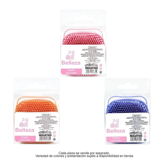 cepillo prichos musul international de silicón varios colores 1 pieza Cepillo de baño de silicón PRICHOS, vista frontal en empaque blíster; forma ovalada con cerdas cortas y mango integrado, mostrado en rosa, naranja y azul; tamaño práctico para uso diario, cada pieza se vende por separado. Ideal también para masaje suave durante la ducha.
