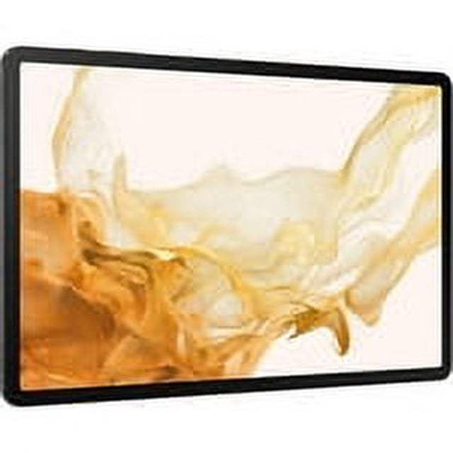 tableta android samsung galaxy tab s8+ 5g lte desbloqueada 128 gb grafito, vista frontal centrada con pantalla AMOLED de 12.4" encendida mostrando gráficos abstractos dorados, biseles negros delgados y carcasa grafito; especificaciones clave en ficha: 5G LTE, Wi‑Fi 6E, 128 GB de almacenamiento y S Pen incluido; también suele usarse para dibujo y productividad móvil.