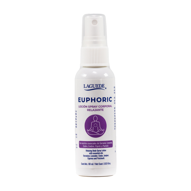 spray relajante laguede aromaterapia natural envase blanco con atomizador; etiqueta azul y morada con texto EUPHORIC y icono de figura en meditación, para armonizar cuerpo y mente, disminuir estrés, cansancio intelectual y ansiedad; también suele usarse para crear ambiente relajante en sesiones cortas de meditación.