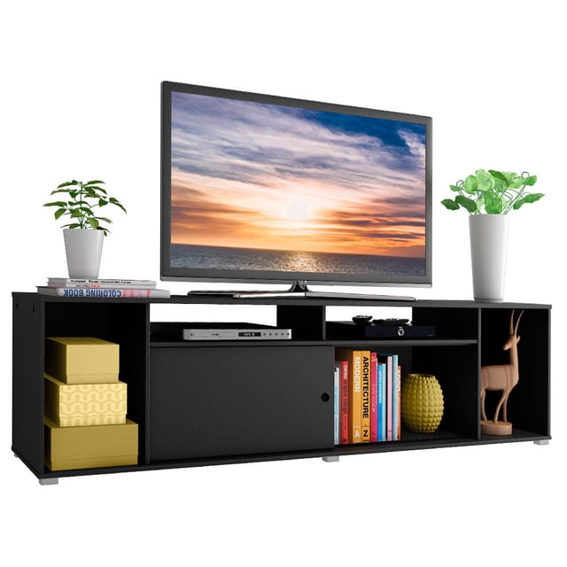 mueble para tv madesa cancún 65 pulgadas negro Rack bajo 180 x 50 x 32 cm en negro con puerta corredera que puede cerrar lado izquierdo o derecho, múltiples nichos abiertos de distintos tamaños para dispositivos, libros y objetos; superficie superior para TV hasta 65"; también usado para organizar consolas y decoración.