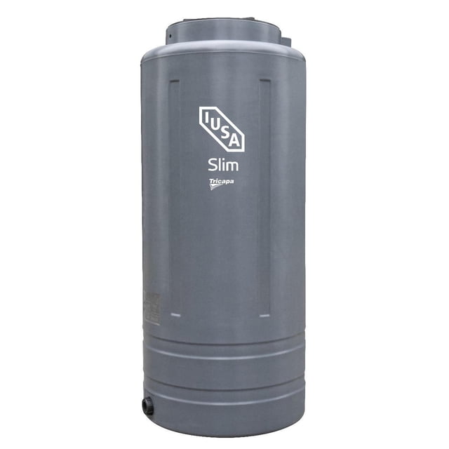 tinaco iusa slim de 800 litros gris tinaco vertical esbelto de polietileno HD para almacenamiento de agua, vista frontal centrada con tapa hermética superior, salida inferior y logo IUSA visible; también suele usarse para reserva doméstica temporal de agua.