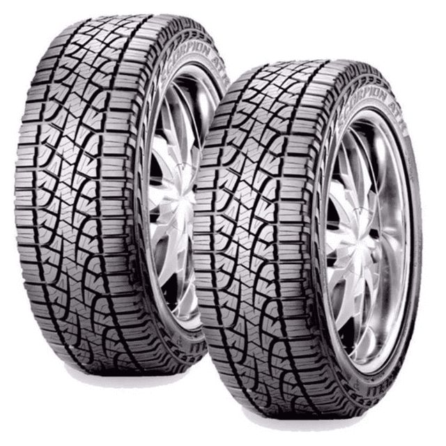 paquete de 2 llantas 265/70r17 pirelli scorpion atr 115t pirelli scorpion atr, vista frontal y 3/4 de dos llantas montadas en rines que muestran banda de rodamiento all‑terrain con amplios canales y bloques asimétricos para mejor agarre en suelo mojado y contacto uniforme que favorece desgaste parejo, fondo blanco.