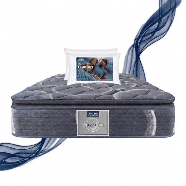 colchon individual restonic ortopedico confort plus + 2 almohadas restonic Colchón individual ortopédico Restonic azul y gris, vista frontal centrada con tapa acolchada de patrón geométrico y bordes acolchados; dos almohadas blancas Restonic sobre el colchón. Diseñado para alinear la columna y reducir puntos de presión, a la vez que ofrece confort estructurado, y a menudo se usa también para apoyo cervical adicional al viajar.