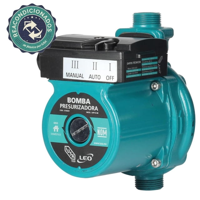 reacondicionado, bomba 0.16 hp presurizadora con accesorios IUSA, vista 3/4 frontal de carcasa compacta en verde azulado con conexiones roscadas superior e inferior, panel superior negro con selector Manual/Auto/Off y etiqueta de datos, frente con perilla y rótulo 'Bomba Presurizadora'; incluye accesorios para instalación y sello de reacondicionado; adecuada para aumentar presión en regaderas, lavabos y calentadores de gas y a menudo usada también en pequeños sistemas de riego doméstico.