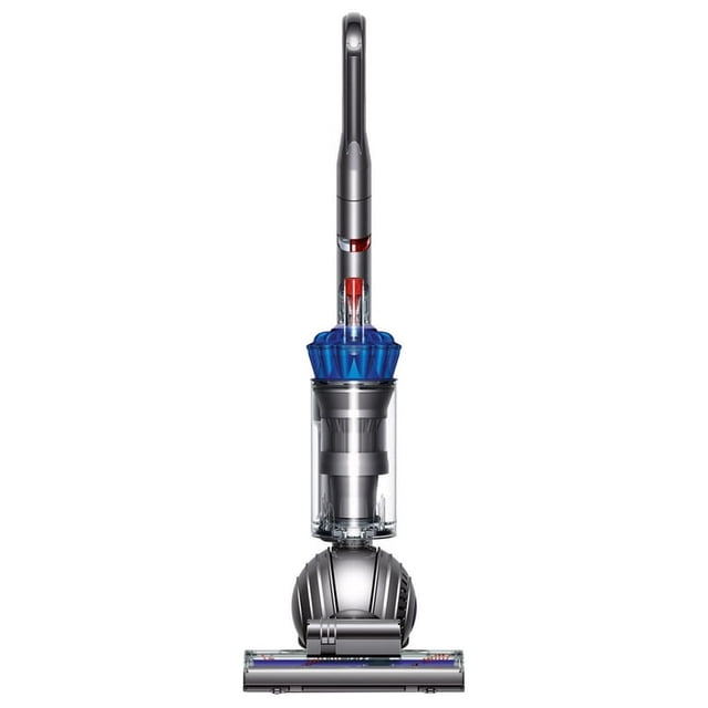 aspiradora vertical dyson ball animal 2; azul y silver (reacondicionada) Reacondicionada — Vista frontal centrada de la aspiradora Dyson Ball Animal 2 en azul y plateado, depósito translúcido con ciclones visibles en azul, bola de giro plateada en la base y cabezal motorizado ancho; diseñada para remover pelo de mascotas y suciedad incrustada, y suele usarse para almacenar accesorios de limpieza en closets pequeños.