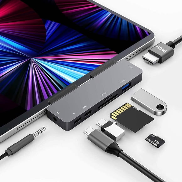 USB C Hub para iPad Pro M2 M1 11/12.9 2022-2018,7-en-1 Hub con 4K@60Hz,USB 3.0,3.5mm Jack,USB Tipo C