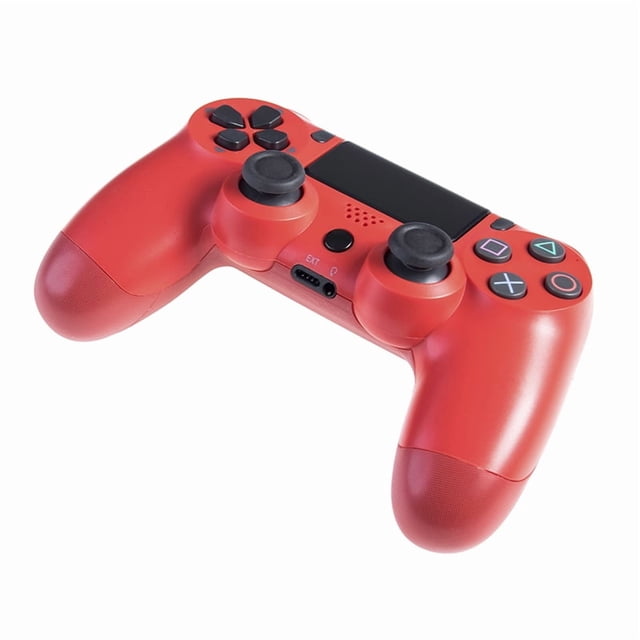 control inalambrico s compatible playstation 4 ps4 virtual zone rojo vista 3/4 frontal de control rojo estilo DualShock con agarres ergonómicos, dos palancas análogas, pad de 8 direcciones, 11 botones incluyendo Share y HOME, panel táctil y bocina frontal, puerto 3.5 mm para audífonos/micrófono, vibración y detección de movimiento, batería recargable hasta 10 horas y compatible con Android; también suele usarse para jugar títulos móviles sin adaptadores.