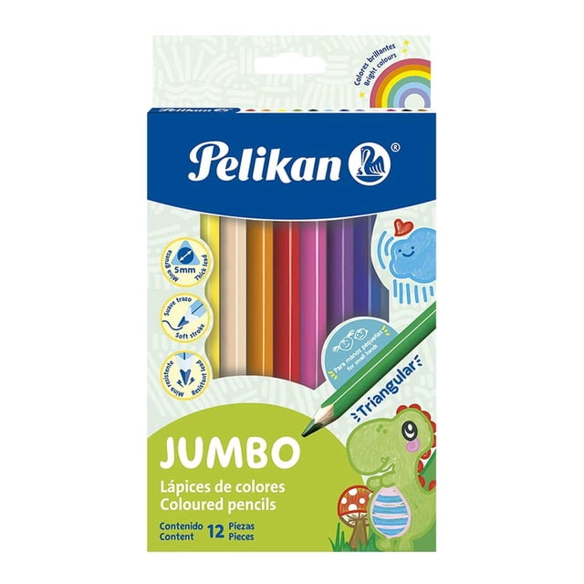 lápices de colores triangular jumbo 12 5 mm pelikan Set de 12 lápices jumbo Pelikan multicolor, vista frontal; cuerpos triangulares en tonos intensos y minas extra gruesas de 5 mm mostradas en ícono, empaque con logo Pelikan y la palabra JUMBO; ideal para papelería, dibujo, sombras y mezclas.