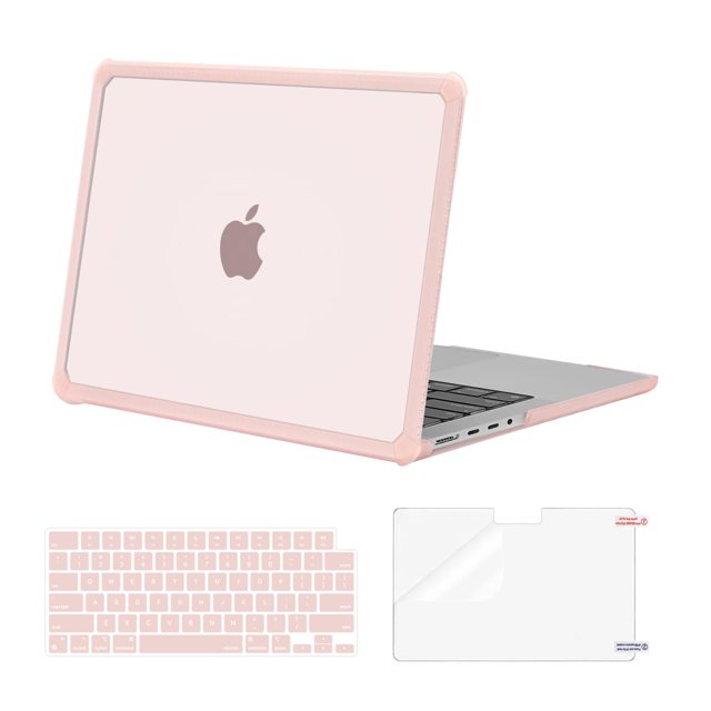 funda mosiso compatible con macbook pro de 14 pulgadas, color rosa funda rígida translúcida rosa con parachoques de TPU en las esquinas, vista 3/4 trasera de MacBook Pro 14" con logo; incluye cubierta de teclado rosa a juego y protector de pantalla transparente, adecuada para proteger contra golpes y derrames.