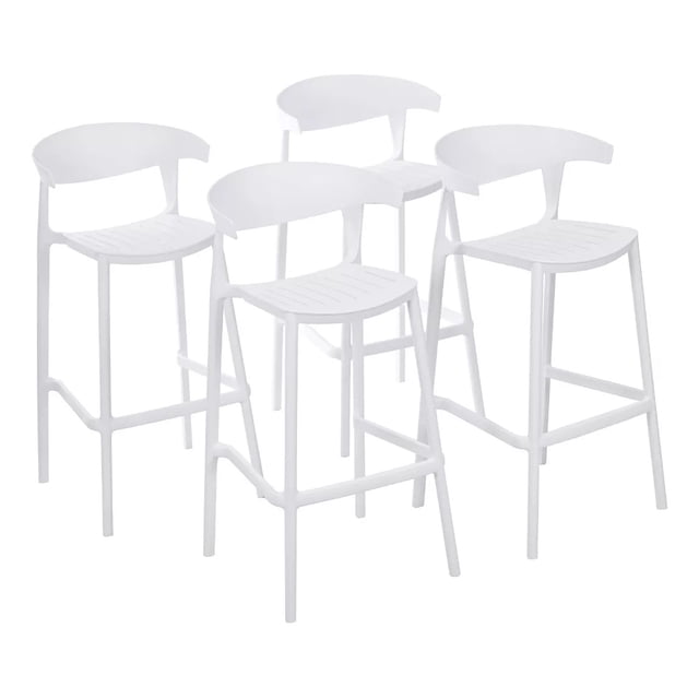 set 4 bancos bar cocina desayunador barra respaldo plástico blanco, cuatro taburetes blancos con respaldo curvo bajo y asiento ranurado, patas rectas con reposapiés en U y estructura de plástico; aptos para barra, cafetería o recepción y también usados con frecuencia como estaciones de trabajo temporales.