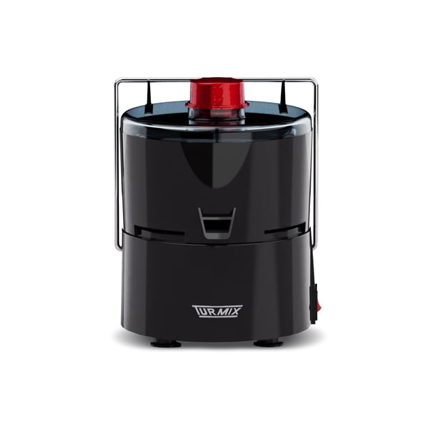 extractor de jugos turmix cyclone negro centrífugo de 400W, vista frontal centrada con base cilíndrica negra, tapa transparente y embudo rojo, cierre metálico superior y logotipo Turmix en la parte frontal; incluye aditamento para cítricos y cuchillas de acero inoxidable, partes desmontables para limpieza; suele usarse también para preparar jugos verdes y concentrados caseros.