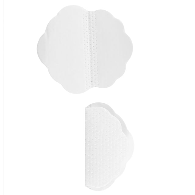 almohadilla antitranspirante buyweek 2 piezas diseño curvo almohadillas blancas de tela no tejida con borde festoneado, vista superior y lateral que muestra banda adhesiva central punteada y revestimiento impermeable, diseñadas para absorción de sudor y protección de axilas dentro de la prenda.